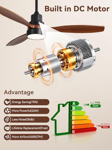 Image of Sofucor Ceiling Fan with Lights and Remote, 52 inch Modern LED Wood Ceiling Fan with Downrods, for Indoor Bedroom Living Room Outdoor Patio Porch, Reversible, Quiet and Powerful