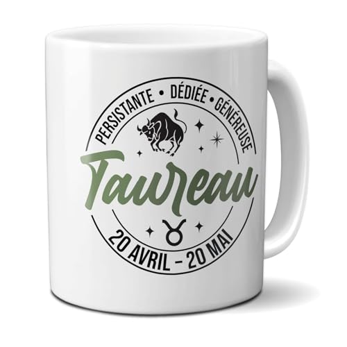 DECOHO - Tazza con segno zodiacale Toro - 33 cl, ceramica - Stampa in Francia - Bianco