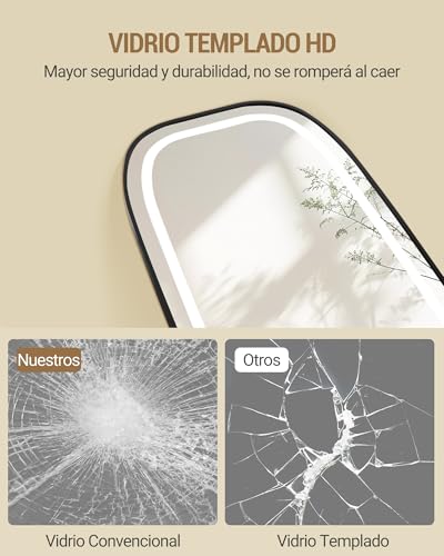 Hzuaneri Espejo de Cuerpo Entero con Luz LED, 160 x 50 cm, Espejo de Pie Curvo, Espejos de pie con Soporte, 3 Colores de luz, Brillo Ajustable, Ideal para Dormitorio o Salon, Negro DM41801B - imagen 5