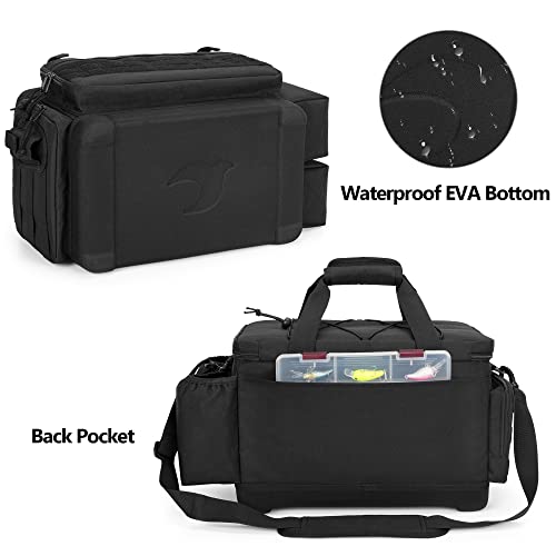 GOBUROS Waterproof Fishing Tackle Bag with Waterproof EVA Bottom (No Tackle Boxes in Package), Soft Tackle Box Storage Bag with Rod Holder, Black