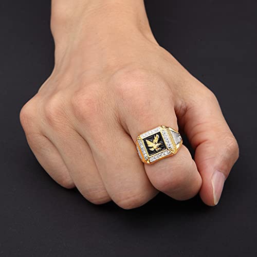 Dohaooe Men's 14K Gold Eagle Band Ring Cubic Zirconia American Eagle Ring (Gold, 9) #TOP4