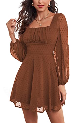 Image of LYANER Women's Polka Dots Square Neck A line Long Sleeve Swiss Dots Mini Dress