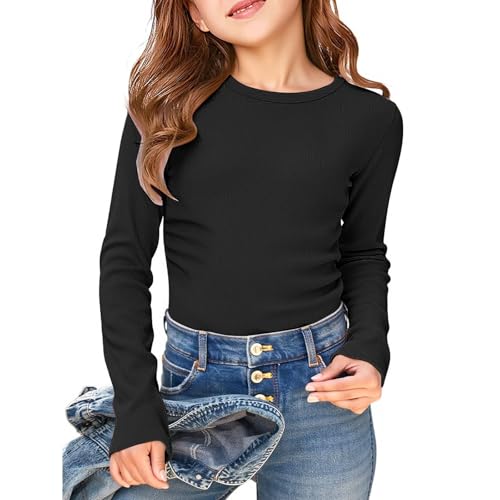 Girls Long Sleeve Ribbed Knit Shirt Solid Color Basic Skinny Round Neck Tee Kids Toddler Soft Comfort Slim Fit Crewneck Tshirts Casual Athletic Stretch Pullover Bottom Top (Black, 9-10 Years)