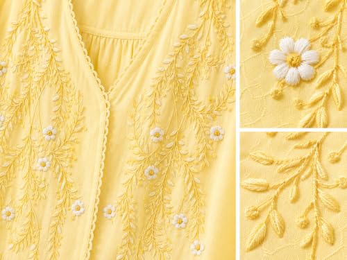 Image of RIEKA Womens Embroidered Korean Style Top and Tunic; V Neck| Floral Thread Embroidery| Three Quarter Puff Sleeves |Relaxed Fit Curved Hem| Casual Everyday Fusion Top