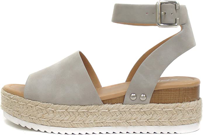 Image of Soda Topic Grey Casual Espadrilles Trim Rubber Sole Flatform Studded Wedge Buckle Ankle Strap Open Toe (11)