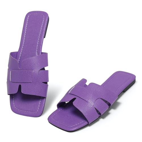EcooInviv Women's Dressy Casual Flat Sandals, Elegant Comfortable Slip-On Slides with Textured Upper, Versatile Dressy Style for Everyday Wear Purple