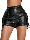 Floerns Women's PU Leather Fringe Trim High Waist Straight Leg Mini Shorts Black M