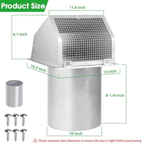 Image of 10 Inch Hooded Wall Vent with Screen and Damper, Exterior Wall Exhaust Vent Cover Cap for Kitchen Range Hood Dryer Ventilation and Outdoor Air Exhaust, Stainless Steel
