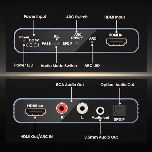 Image of avedio links 4K@60Hz HDMI ARC Audio Extractor with Optical | Optical SPDIF, RCA & 3.5mm AUX audio out. Supports LPCM 5.1 /DTS. Compatible with PS5, TV Box, Soundbar & Speaker