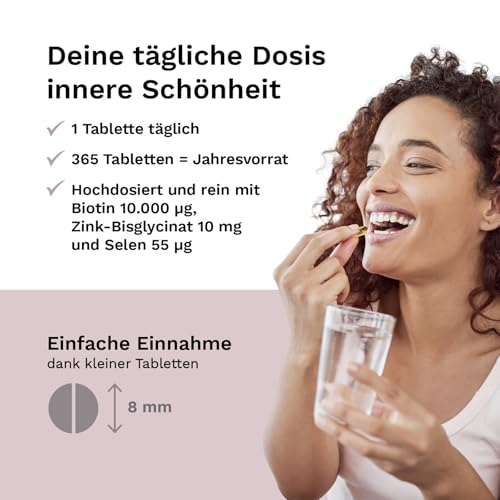 Biotin, Zink & Selen - 10000 µg Biotin, 10 mg Zink-Bisglycinat, 55 µg Selen - 365 vegane Tabletten - Haar-Vitamine im Jahresvorrat - für Haare, Haut & Nägel - ohne Zusatzstoffe - Balanced Vitality
