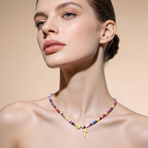 Laeclily Colorful Initial Necklaces for Women Beaded Choker Necklace for Girl Cross Pendant Necklace Gold Letter M Fashion Jewelry Accessories Gifts for Teenage Girls — view 3