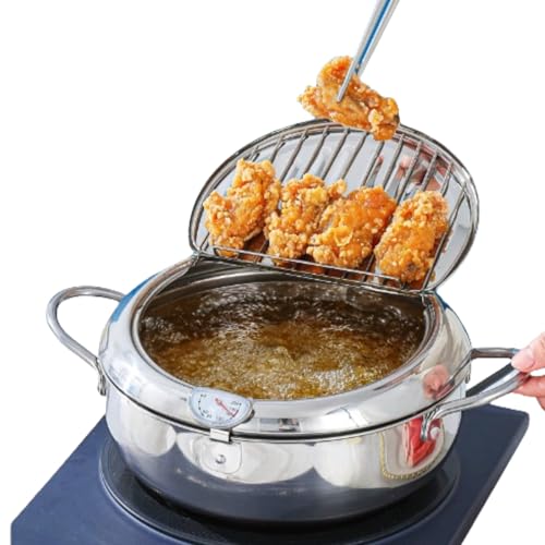 304 Stainless Steel Deep Fryer Pot, Japanese Style Tempura Frying Pot with Lid, Deep Frying Pan with Thermometer and Oil Drip Drainer Rack for Kitchen French Fries Chicken Wings Shrimp (20cm/7.9in)