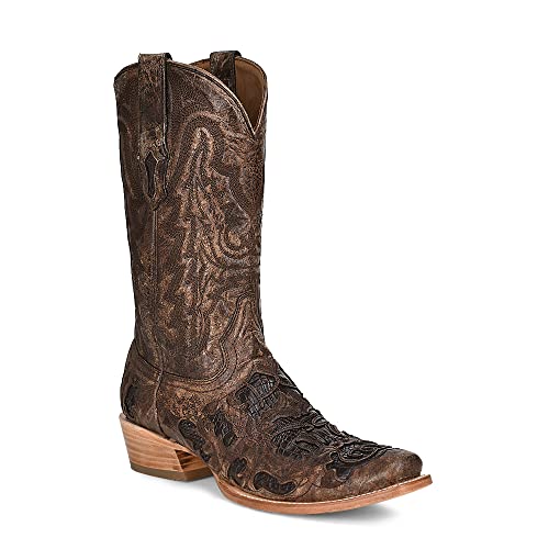 CORRAL MEN'S BROWN ALLIGATOR INLAY & EMBROIDERY HORSEMAN TOE, LEATHER WITH RUBBER INSERT SOLE, WESTERN A4337