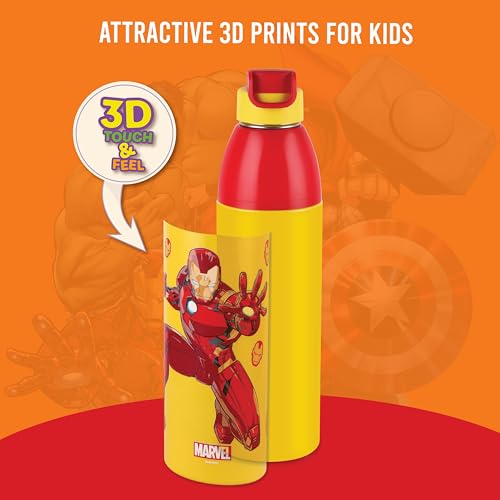 Image of CELLO Kidzbee Uranus 900 Insulated Kids Water Bottle 680 ml, Yellow | 3D Touch & Feel Iron Man Design Easy One Hand Grip Lightweight Leakproof Easy Sip Flip Cap Insulated Water Bottle For School Kids