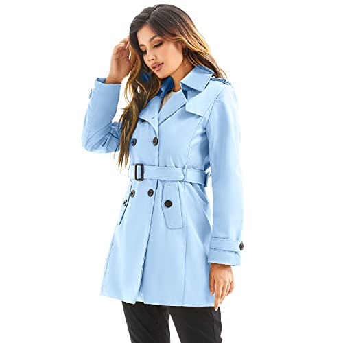 Farvalue Women's Double Breasted Trench Coat Water Resistant Classic Belted Lapel Overcoat Blue Large #TOP3