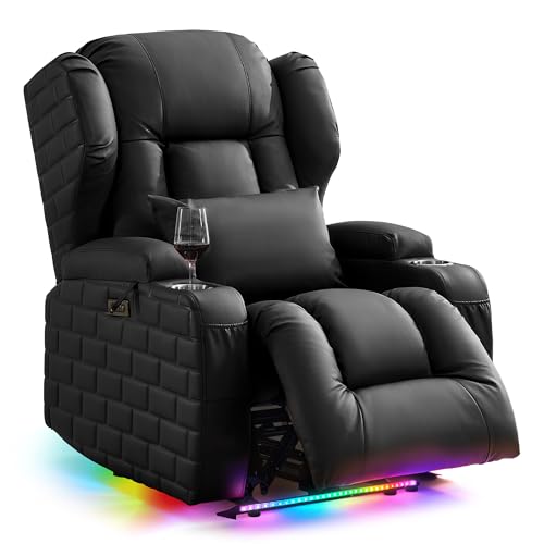 Oprisen Wall Hugger Power Recliner Chair with Heat and Massage, Overstuffed Reclining Sofa Chair for Living Room Home Theater RV with 3-Side LED Lights/Cup Holders/USB & Type C Port (Black)