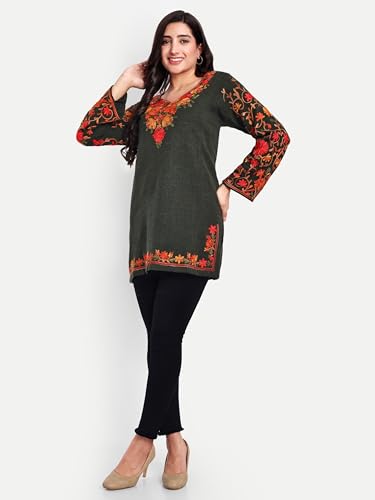 Image of HAUTEMODA Women Woollen Short Kashmiri Embroidery Phiran Kurta