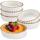 ONEMORE Ramekins 4 oz - Oven Safe Shallow Ramekins with Brown Rim for Creme Brulee - Speckled, Fluted, Set of 6