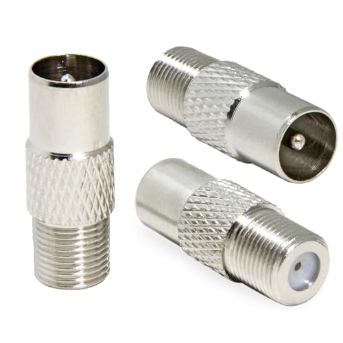 HiAoey TV-Antennenadapter, Buchse auf Stecker, T-/F-Schraubverbinder auf RF-Koaxial-Antennenadapter, vernickelt, 3 Stück