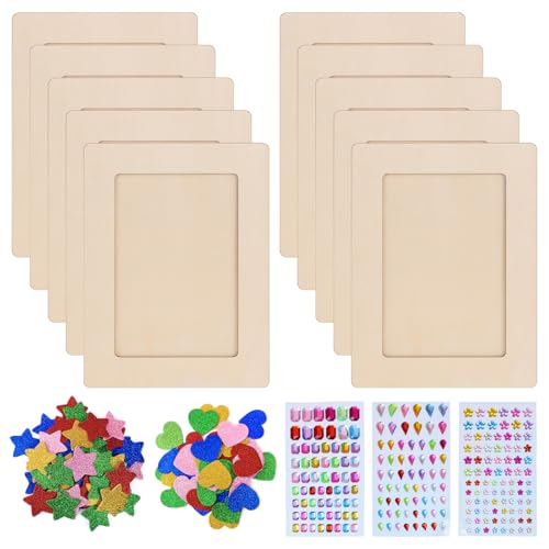 WANDGU Lot de 10 cadres photo - 14 x 19 cm - Pour bricolage - Avec strass scintillants et autocollants en caoutchouc mousse - Cadre photo en bois - Cadre de bricolage pour garçons et filles -