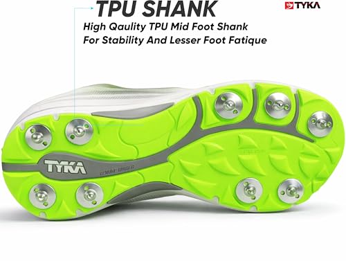 Image of TYKA Cricket Shoes Spikes for Junior | Synthetic PU Upper | Genuine Rubber and Phylon Sole | Lace Closure | Field Sports Shoes | Grip Support | Practice & Match Play