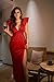 Memoriesea Women's Sexy Deep V Neck Puff Sleeve Side Split Ruched Backless Gown Dress Red
