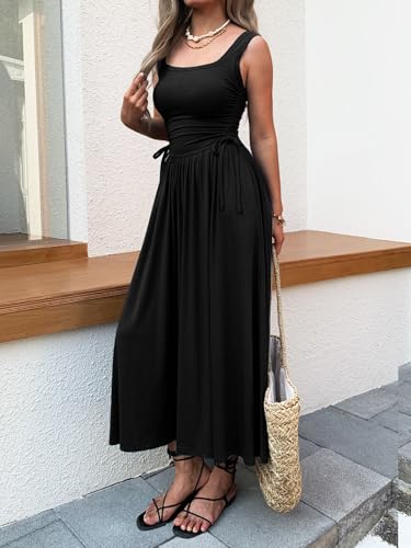 Image of Mieazom Women's Boho Summer Maxi Dress with Pockets, Adjustable Waist, Sleeveless Casual Ruched Sundress for Beach Vacation