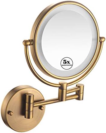 BWBW LED Lighted Wall Mount Makeup Mirror 5X Magnification 8-Inch, 360°Swivel 12" Extension Two-Side Retractable Makeup Mirror with Matte Gold Finish for Bathroom Bedroom