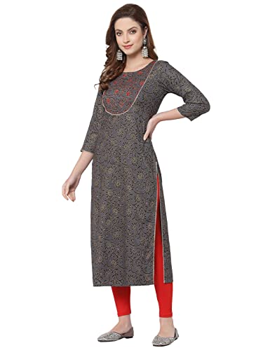 Image of Women Rayon Black Embroidery Printed Straight Kurti