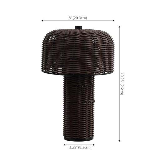 Image of JONATHAN Y 10 inch Dark Brown /Black Modern Scandinavian Faux Wicker Rechargeable Table Lamp Set of 2, Cordless Dimmable Integrated LED Lantern for Indoor /Outdoor Patio, Woven Shade JYL7155A-SET2