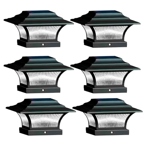 NINJAMO Outdoor LED Post Cap Solar Powered Cap Weather Resistant Black for 4x4 and 6x6 Post 10 Lumens LED 3000k Warm Light Patio Garden Decoration 8 Hour Dusk to Dawn Sensor (Black, 6 Pack)
