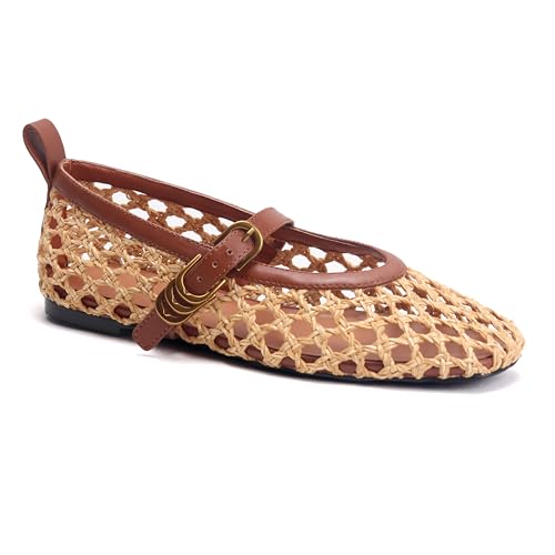 Raffia Woven Mesh Ballet Flats for Women Comfortable Metal Buckle Strap Mary Jane Ballet Flats Casual Closed Toe Ballerina Shoes.2