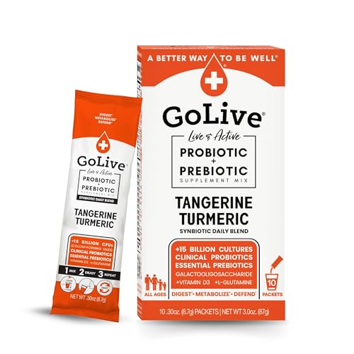 GoLive Prebiotic and Probiotic for Women, Men, Kids. Tangerine Turmeric Synbiotic Powder w/ L-Glutamine, Vitamin D3, Electrolytes. For Gut Health, Digestion, Metabolism, Immunity 15-50B CFUs.
