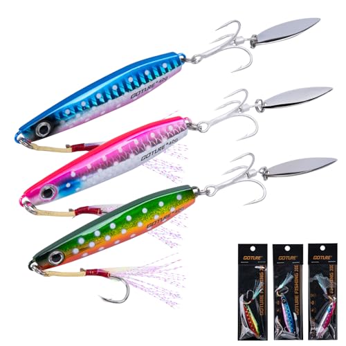 Goture Fishing Jigs 40g 60g Vertical Jig Saltwater Freshwater Jig Fishing Lures with Assist Hooks and Treble Hook Jigging Spoon Lures for Tuna Salmon Striped Bass Grouper Snapper Kingfish