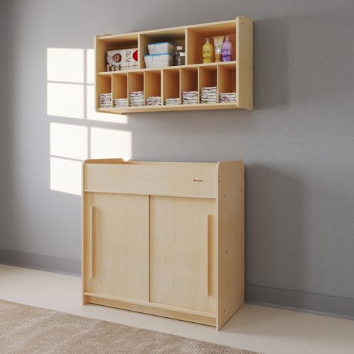 Foundations SafeGlide Daycare Changing Table, Durable Wood Construction, Built-in Shelving for Ample Storage, Gliding Doors, Adjustable Safety Strap, Includes Foam Mattress Pad (Natural)