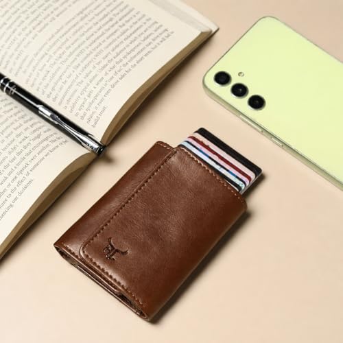 Image of RFID Blocking Pop-Up Card Holder for Men | Slim Vegan Leather Wallet with Cash Compartment | Aluminium Case, Holds Up to 10 Cards | Gift for Men