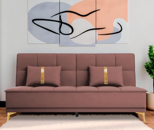 Image of Adorn India Premium New Alyssum 3 Seater Sofa Cum Bed 4X6 Velvet Suede with 2 Cushions (Color Pink) and Suitable for All Indoor, with 3 Years Warranty