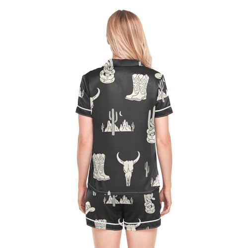 Image of Womens Silk Satin Pajamas Set Western Theme Womens Short Sleeve Shorts Set 2 Piece Sleepwear Lounge Set S-XXL