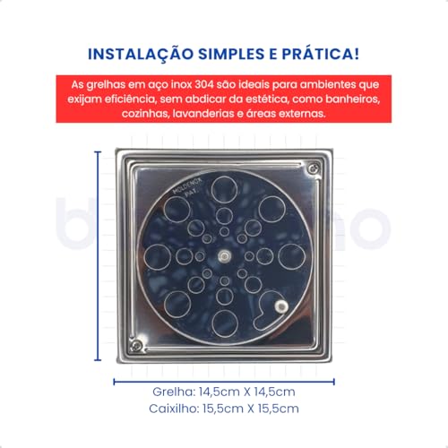 Ralo Tampa Grelha Quadrado 15x15cm com Caixilho Abre e Fecha em Aço Inoxidável 304 Polido - Durável,