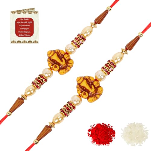 Image of Riddhika Ventures Lavish Pearl and Diamond Ring Bhaiya Bhabhi Rakhi (Set of 2) with Roli Chawal & Greeting Card | Raksha Bandhan Special