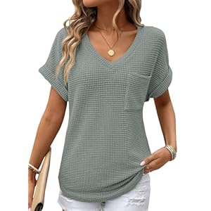 Dokotoo Womens Waffle Knit Tops 2026 Spring Summer V Neck T Shirts Casual Trendy Women’s Blouses Basic Tee