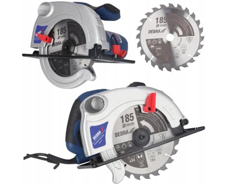 DEDRA Scie circulaire portative 1500 W, lame 185 x 20 mm, profondeur de coupe max. 66 mm, coupe 0-45°, 5500 tr/min, avec raccord pour aspirateur et semelle acier.