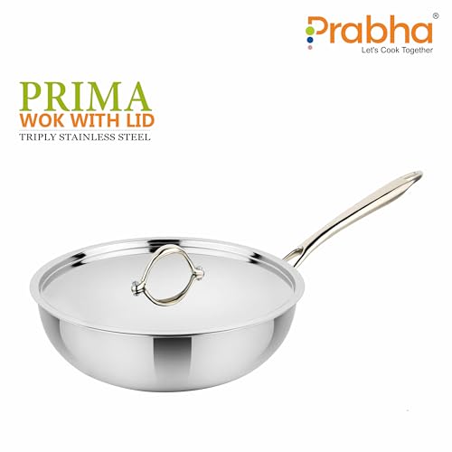 Image of Prabha Stainless Steel Prima Wok, Included Lid, Kadhai for Kitchen, 22cm, 2.2 L Capacity, Steel Wok with Stay Cool Handle, Induction and Gas Stove Compatible