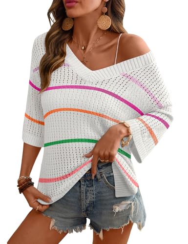 Image of Rapbin Women's Crochet V Neck Beach Cover Up 3 /4 Sleeve Hollow Out Knitted Pullover Sweater