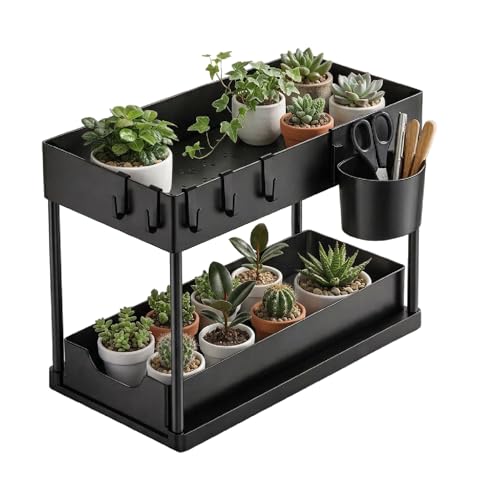 Image of Lifelong 2 Tier Plant Stand Indoor with Storage Tray and Hooks, Black Metal Plant Shelf for Small Potted Plants, Tabletop Organizer Rack for Home Kitchen Office, Space Saving Planter Stand