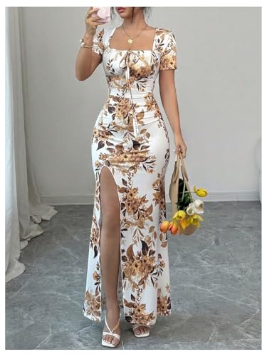 Image of Floerns Women's Floral Short Puff Sleeve Milkmaid Dress Boho A Line Long Dresses
