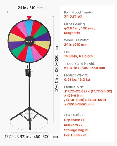 VEVOR Glücksrad Drehrad (61 cm) 14 Slots Glücksrad mit Stativ, höhenverstellbar, Lotteriespiele Gewinn-Roulette mit Tafelschwamm & 2 Markern, 6 Farben, ideal für Party Kneipe Messe Karneval