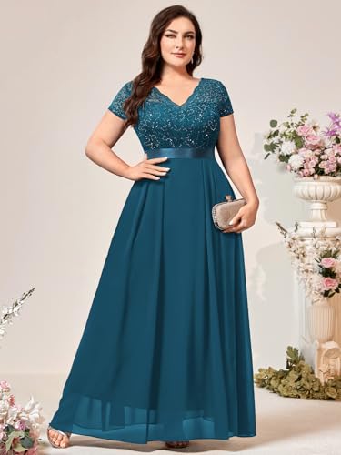 Image of Miusol Women's Plus Size Sequin Floral Lace V Neck Formal Gowns Evening Party Chiffon Maxi Dress