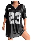 Verdusa Women's Plus Size Jersey Letter Print Sheer Tunic Dress Half Sleeve V Neck Short Tshirt Dress Black 4X-Large Plus