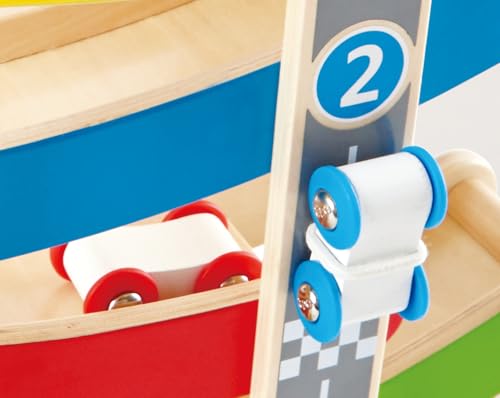 Hape Circuito Macchinine In Discesa - Pista In Legno Con Automobiline Da Corsa E Parcheggio - 4